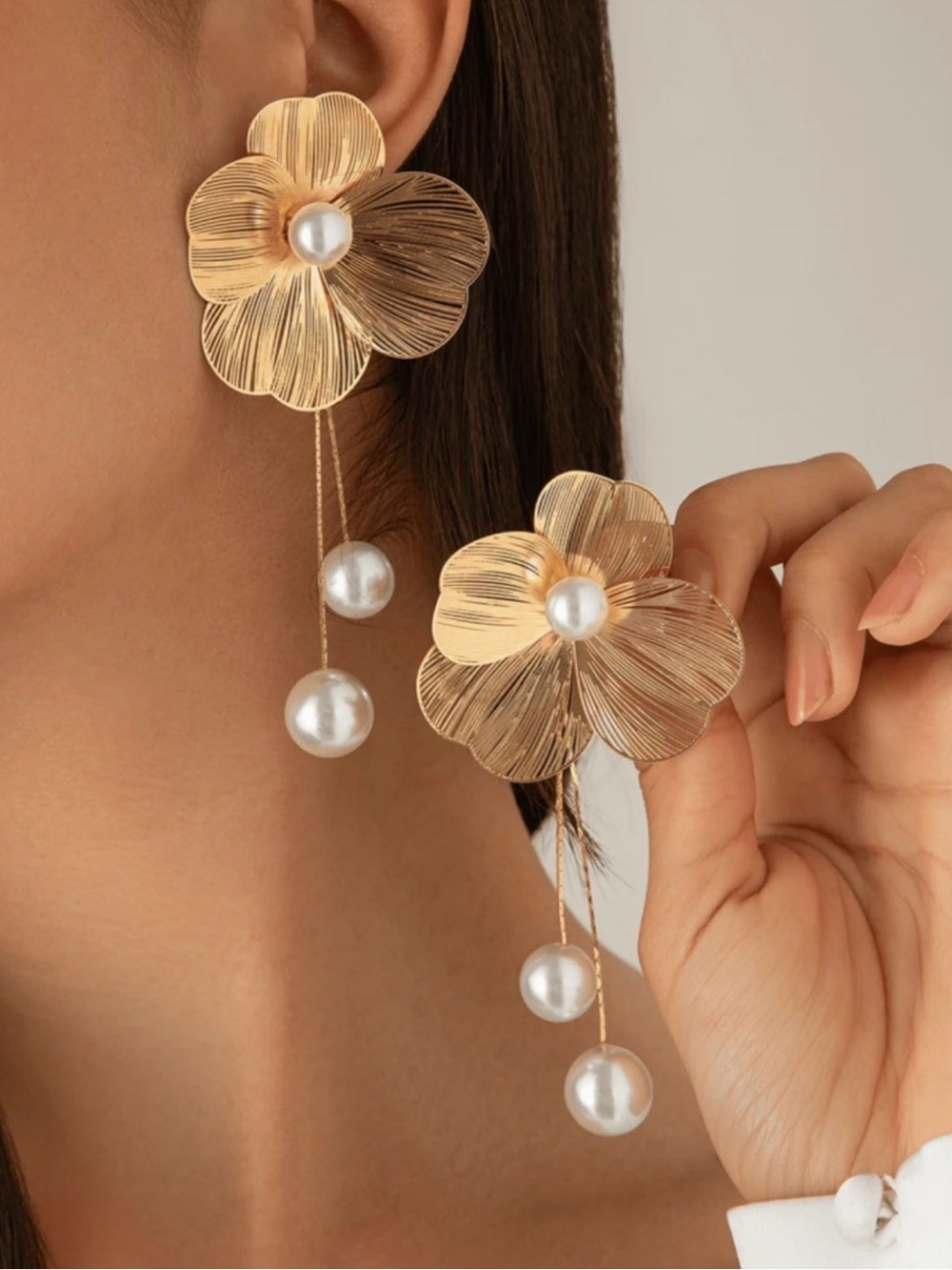 Gold Floral Drop Earrings with Pearl Accents - Women's Jewelry